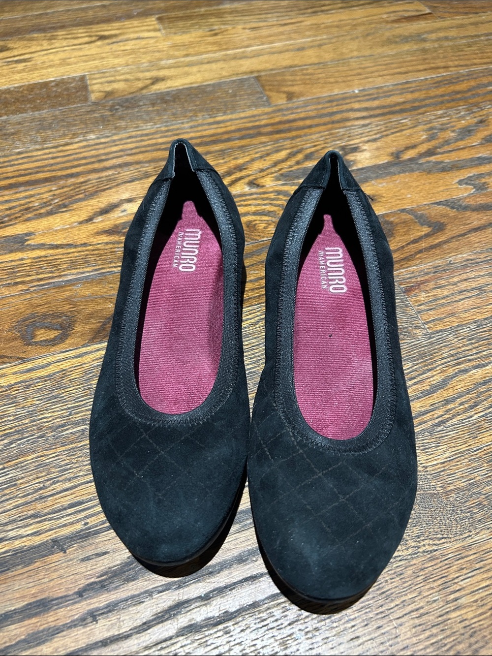 Munro Black Suede Ballet Flats with Burgundy Insole